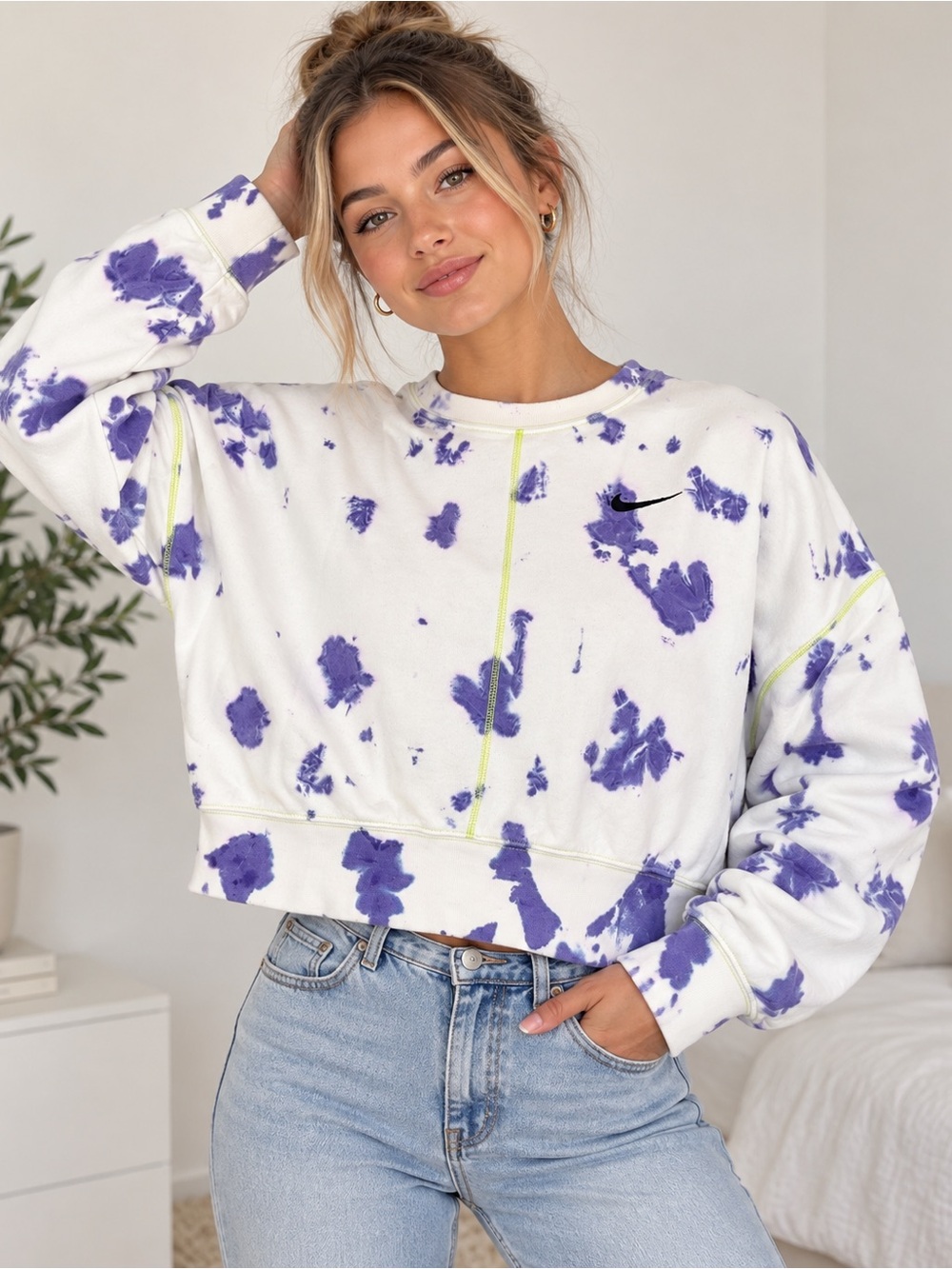Nike Purple White Tie Dye Cropped Oversized Sweatshirt Neon Stitching